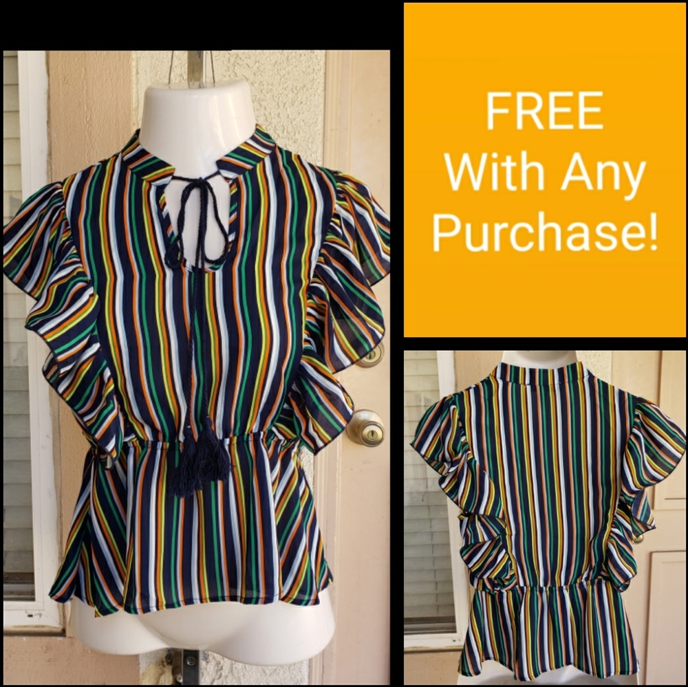 New $18 women stripe ruffle tassle shirt LARGE